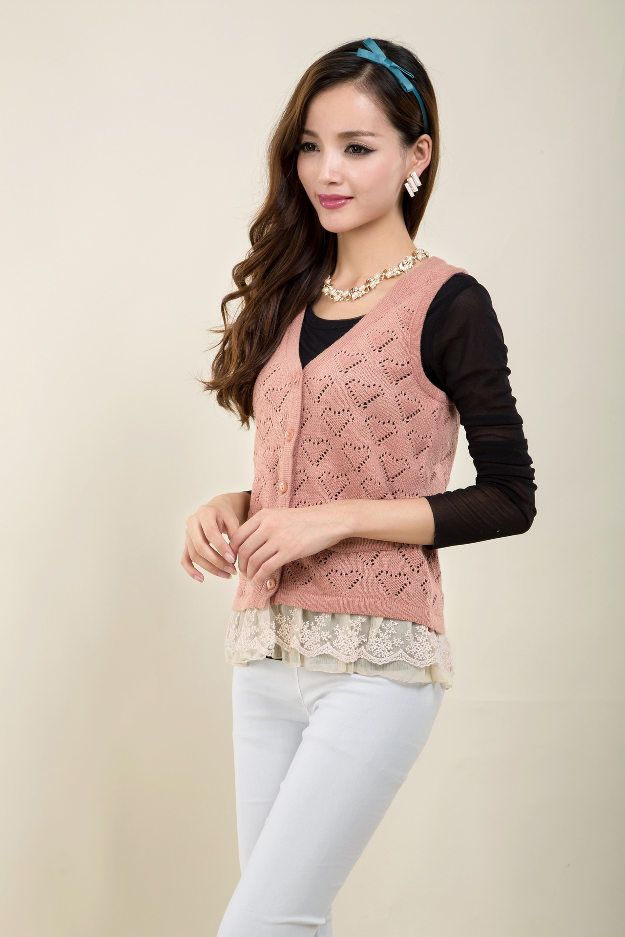 14新款 韩版心型<em>钩花</em>镂空<em>开衫女士背心</em> 可爱糖