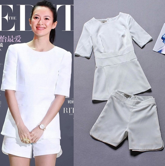 大牌<em>明星</em>同款 2014<em>时尚</em>白色<em>短袖</em>上衣+<em>短裤</em>雪