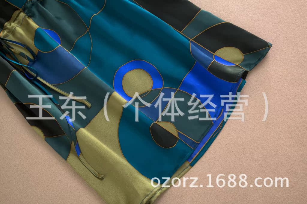 欧美外贸原单简洁有型侧边系带收腰印花纯真丝绸缎连衣