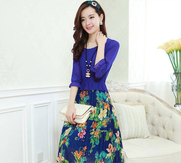 2014韩版气质宽松大码长袖女士印碎花雪纺连