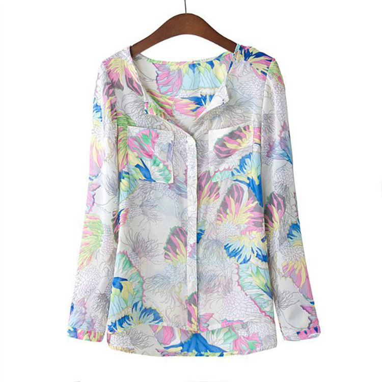 2014最新夏季新款<em>女士</em>印花雪纺<em>衬衫</em> <em>韩版</em>宽松
