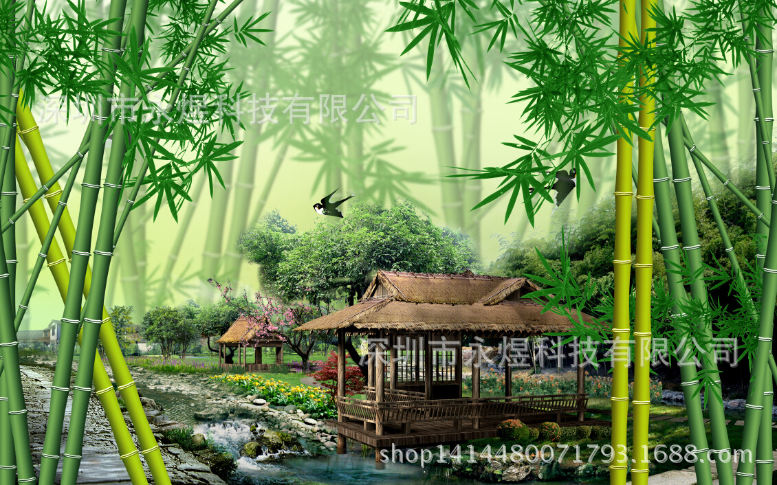 大型壁画 无缝墙纸 竹林茅草屋背景墙装饰画 环保防水