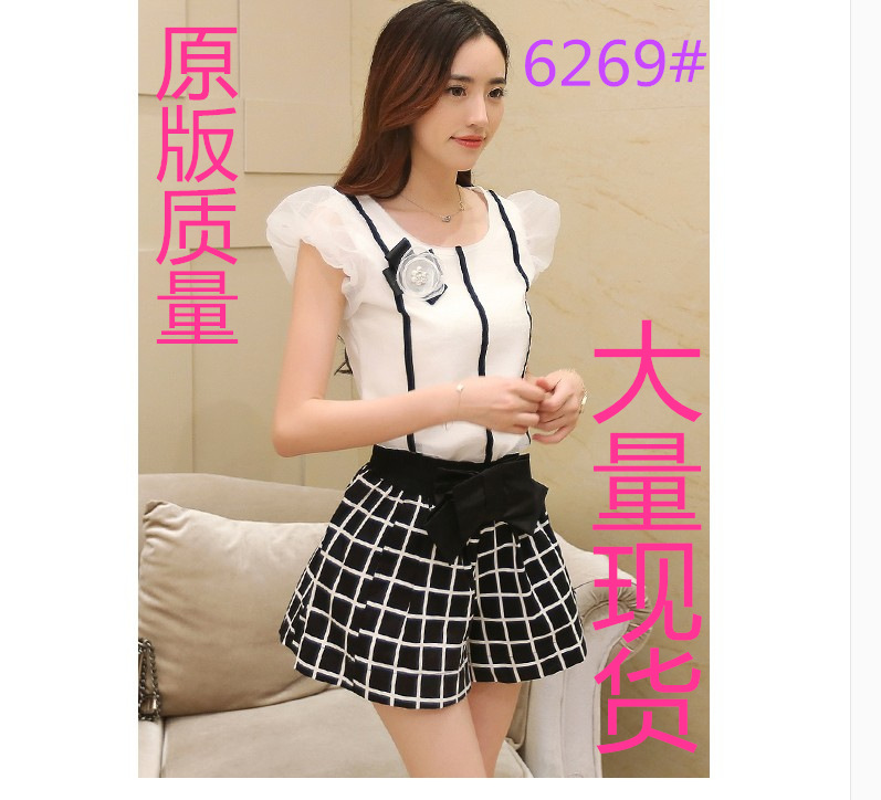 品欧洲站韩版修身泡泡袖雪纺<em>上衣短裤两件套</em>休