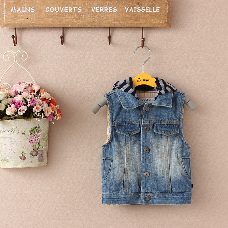 2014<em>春秋</em>新款童装儿童牛仔<em>马甲</em>男童<em>薄款</em>连帽