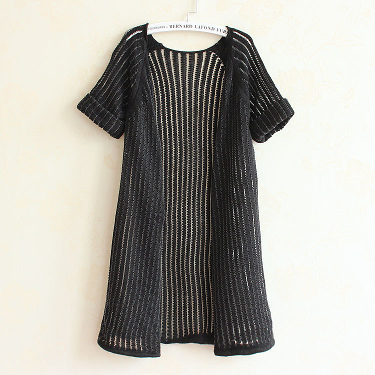 【韩国镂空竖条<em>中长款针织开衫</em>鱼线<em>编织</em>短袖外