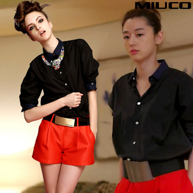 全智贤来自己星星的你同款<em>黑色</em>休闲中袖衬衫配