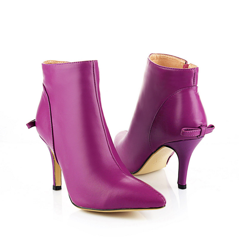 单靴-全牛皮女细高跟靴尖头靴拉链短筒靴NE=