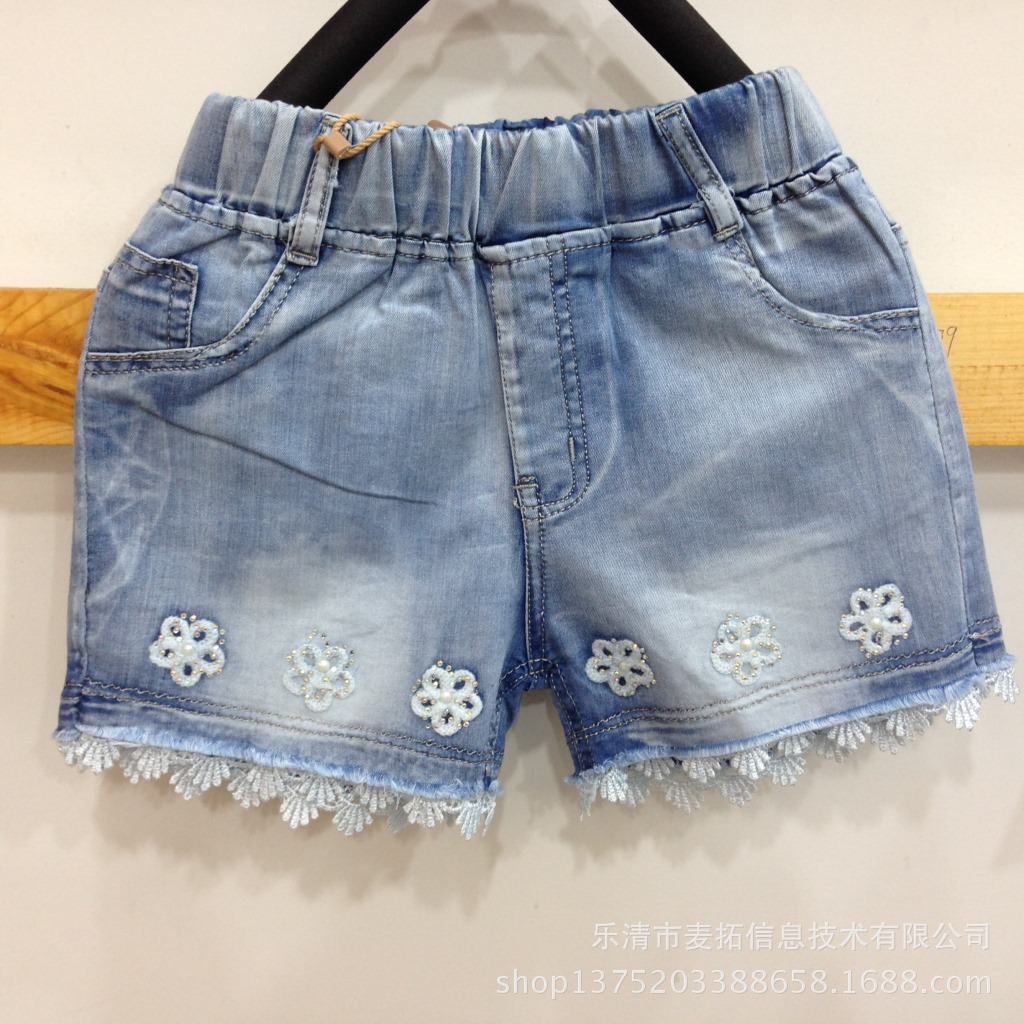 童裤-<em>儿童</em>牛仔<em>短裤</em> 女童中<em>大童</em>简洁梅花蕾丝花