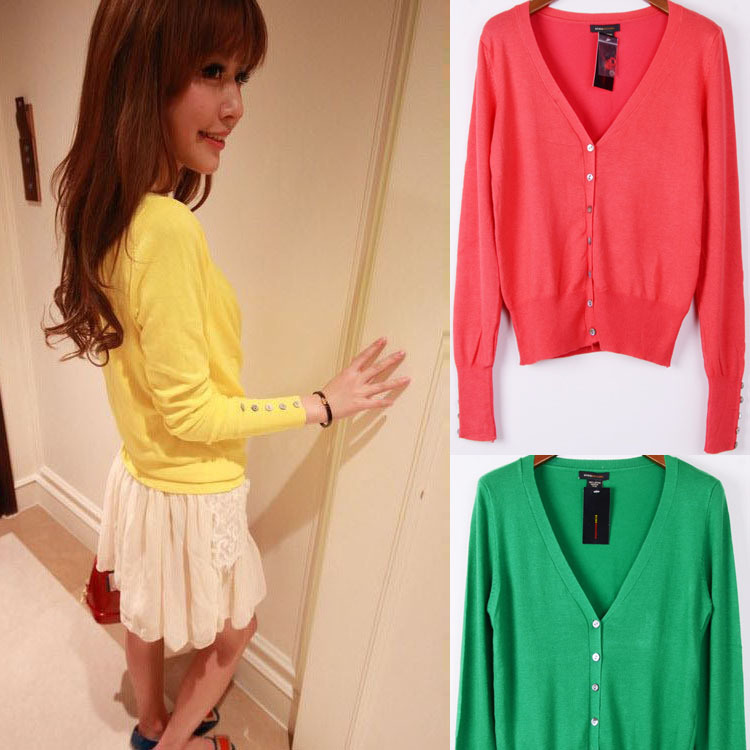 春秋装新款韩版女糖果色<em>针织开衫</em>短款贝壳<em>扣</em>罩