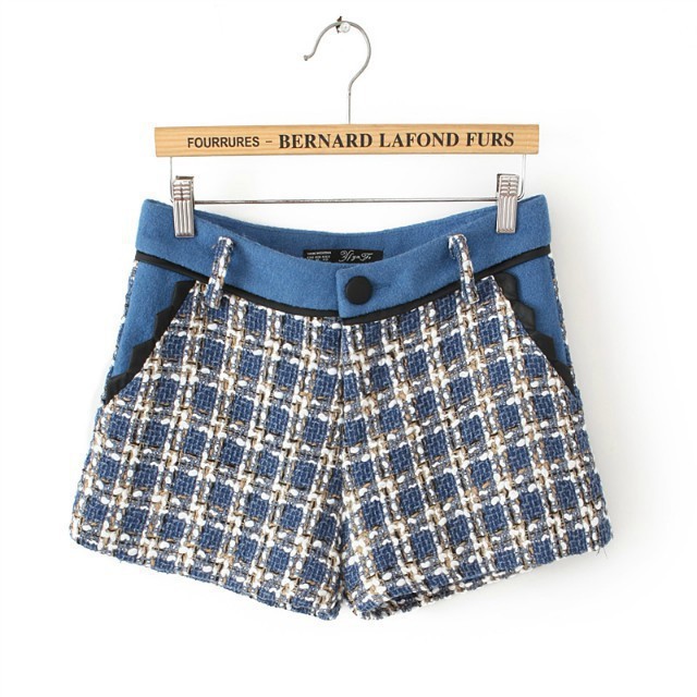 2014秋冬新款<em>女式毛呢短裤</em> <em>千鸟格</em>拼皮休闲毛