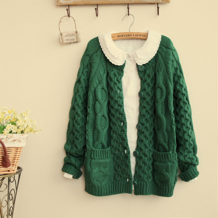 日系复古森女粗棒针粗麻花<em>编织</em>口袋宽松加厚毛