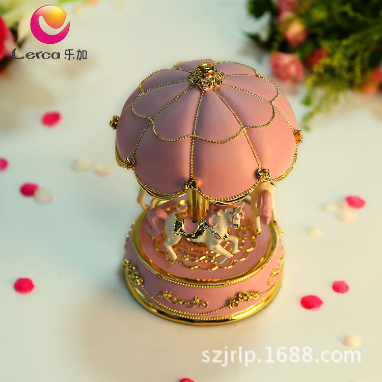 60284-乐加小号粉红金色花朵伞旋转木马音乐盒-俯视