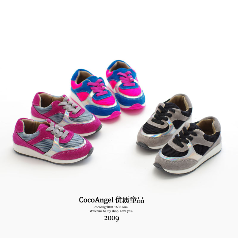 2014秋款 韩国儿童休闲鞋 男童女童头层牛皮网布拼接款运动鞋