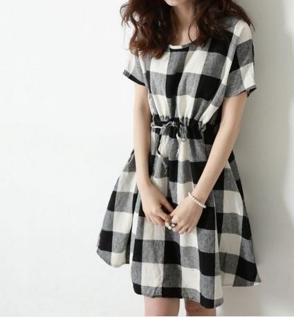 2014夏季新款女装韩版格子黑白格棉麻连衣裙
