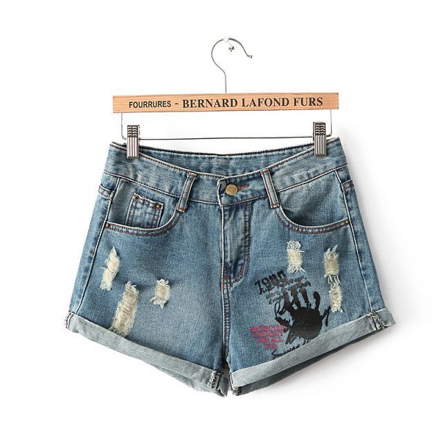 新款女牛仔<em>短裤夏女</em>潮韩版翻边<em>印花</em>宽松大码磨