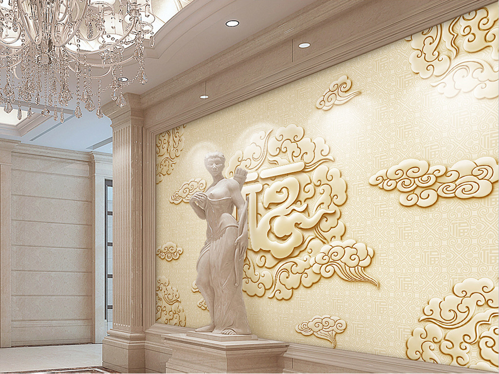 金色祥云百福立体客厅电视背景墙装饰画 酒店宾馆大堂