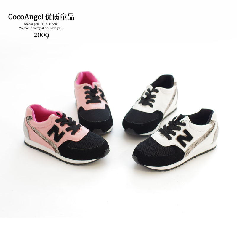 2014秋款 韩国儿童休闲鞋 女童N字款真皮拼接运动鞋 白色粉色