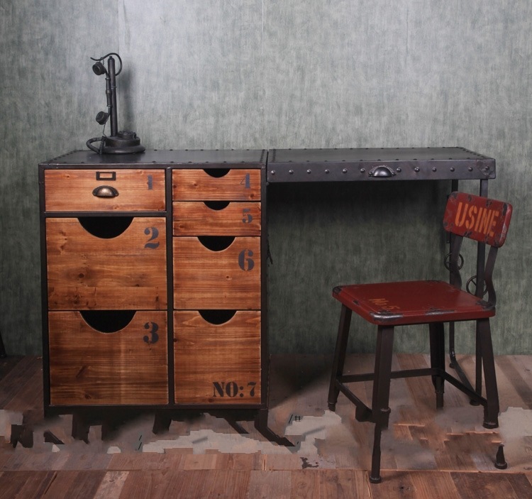 成套家具-美式乡村LOFT铁艺电脑桌实木电脑桌