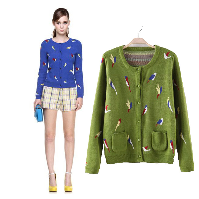 欧美2014<em>春装</em>新款复古撞色小鸟图案毛衣<em>针织</em>
