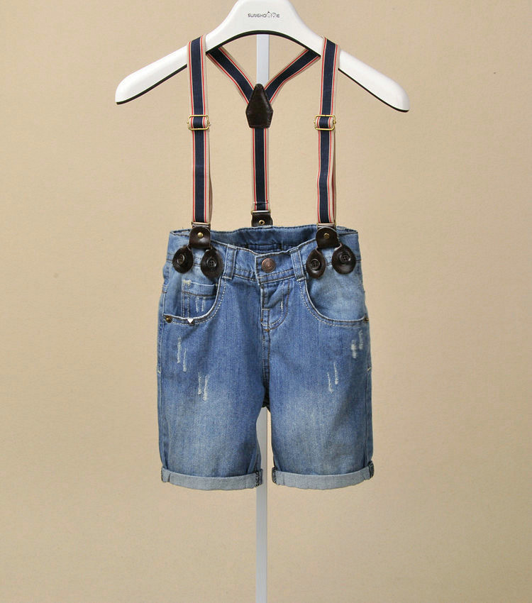 外贸童装 ZA*<em>夏季男童牛仔</em>纯棉水洗翻边<em>背带短</em>
