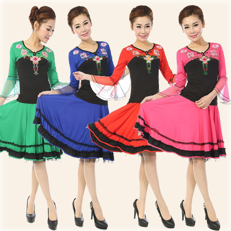 2014春夏季广场舞服装大摆裙子套装 中老年绣