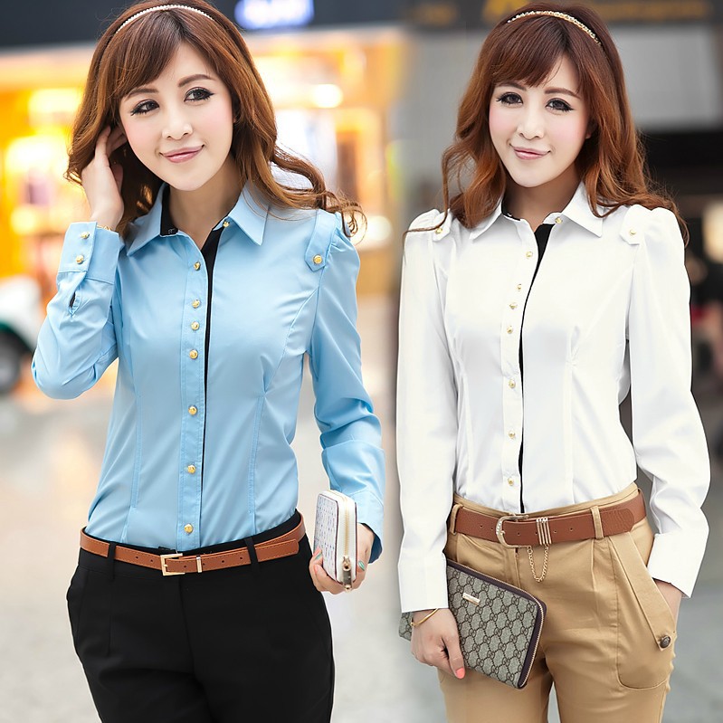 2014新款拼色女士<em>衬衣</em>OL通勤修身<em>女款长袖衬</em>