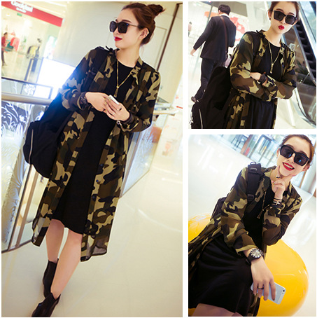 春夏新款欧美大牌立领迷彩<em>开衫雪纺</em>衫<em>女中长款</em>