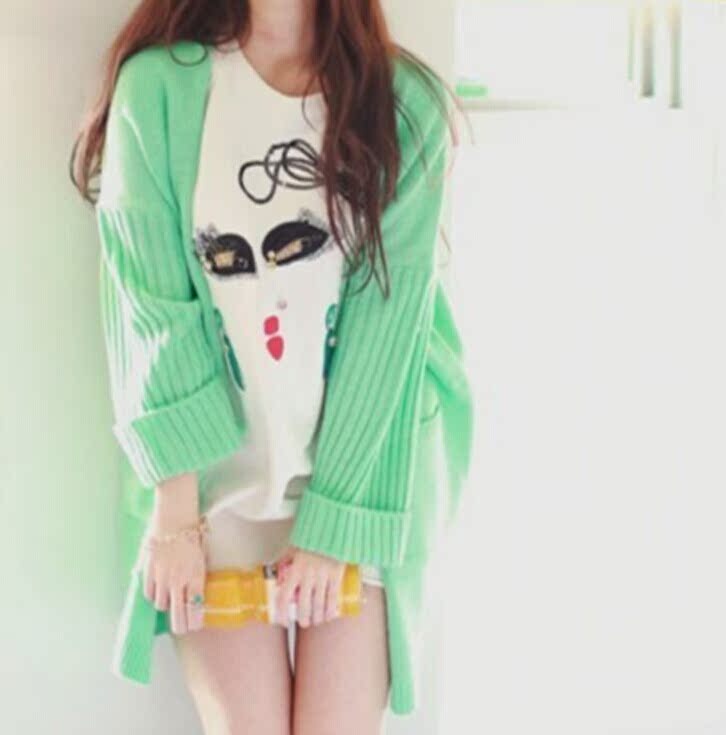 2014新款女装,韩版潮流时尚糖果色宽松翻袖大口袋针织开衫,毛衣