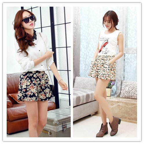 韩版<em>短裤夏女</em>宽松复古碎花雪纺<em>印花</em>大码显瘦热