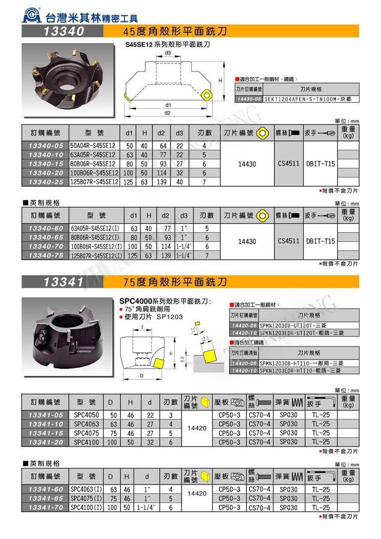 13340-13341  45 75度角股型平面铣刀