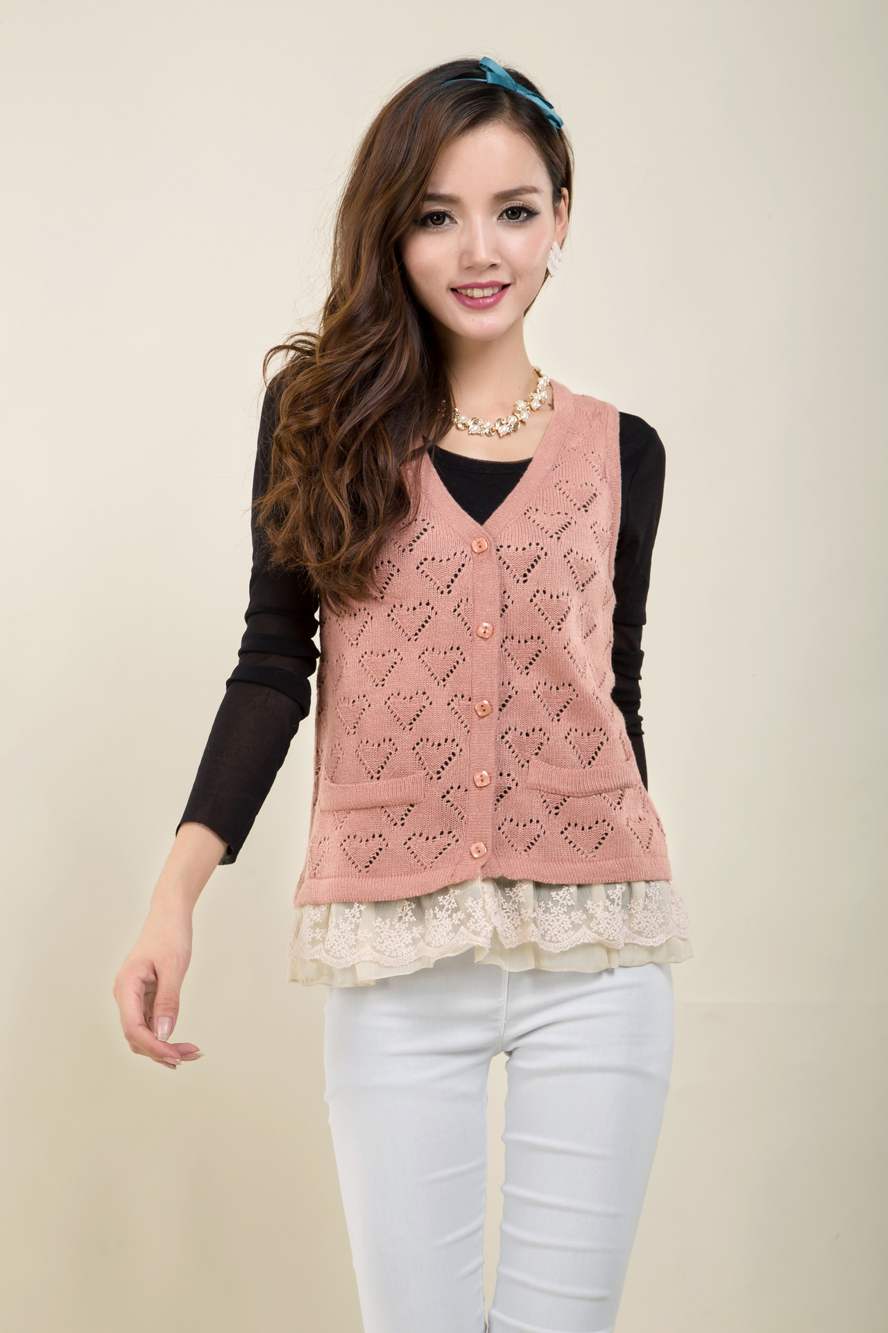 14新款 韩版心型<em>钩花</em>镂空<em>开衫女士背心</em> 可爱糖