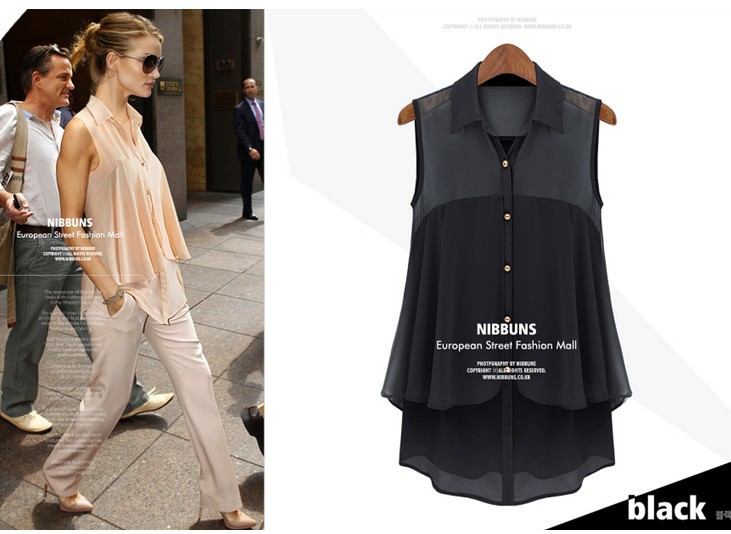 新款韩版假两件<em>无袖</em>双层<em>雪纺</em>衬衣翻领中长款开