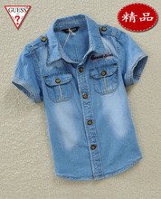 精品同步儿童男衬衫短袖时尚牛仔外贸上衣短袖