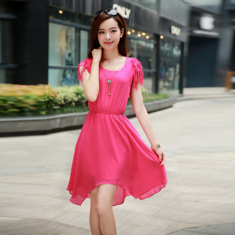 QQ韩国夏季新货装甜美短袖夏天雪纺连衣裙子