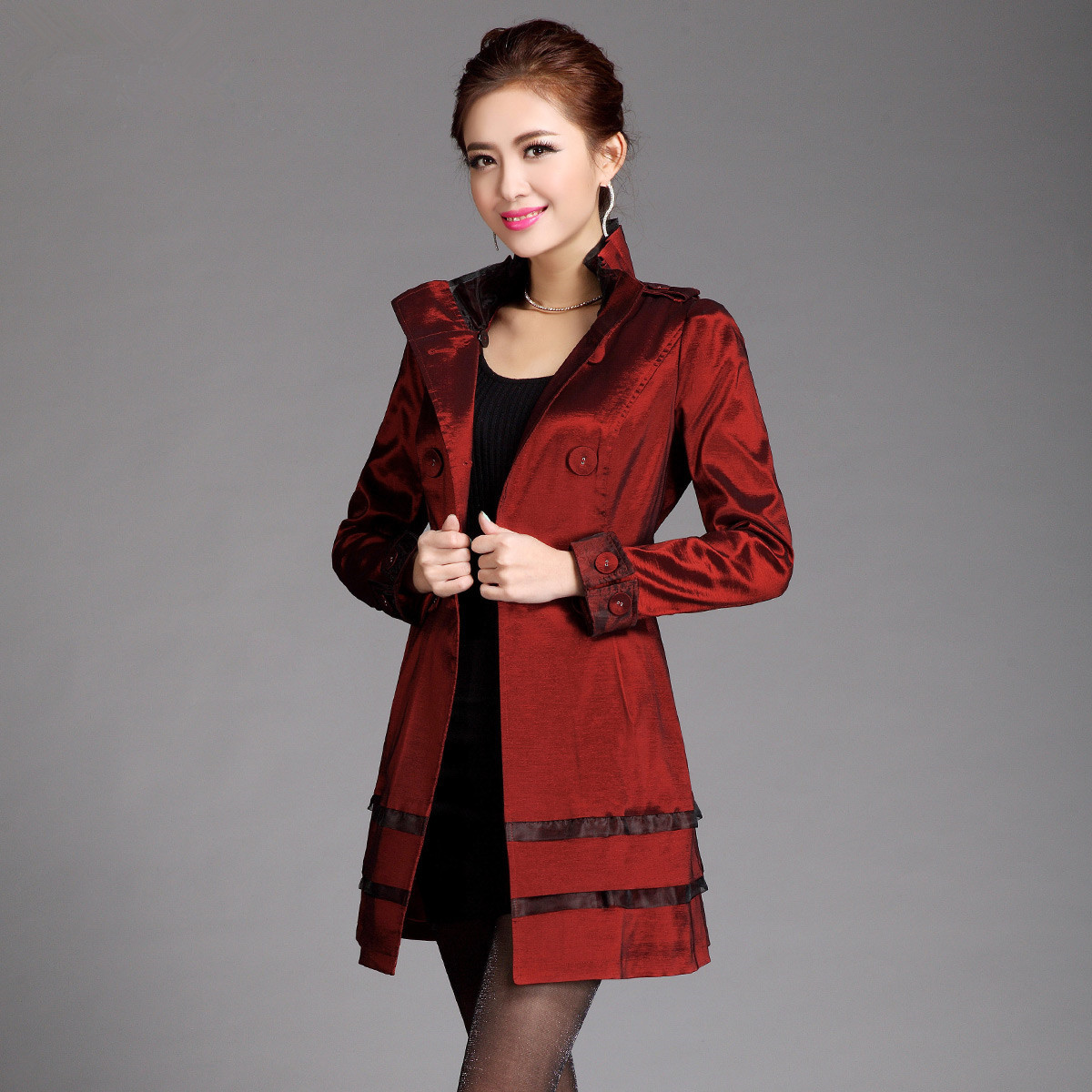 薄风衣外套女装2014春新款韩版修身长袖双排