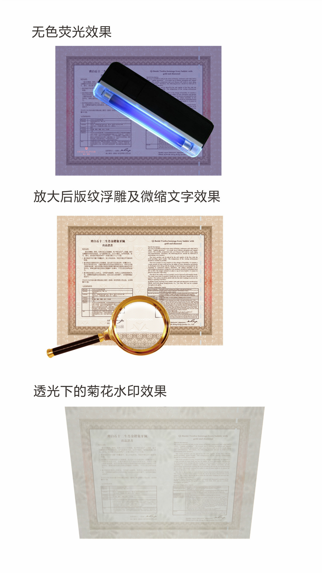 瑞士雅宝出品证书防伪效果演示