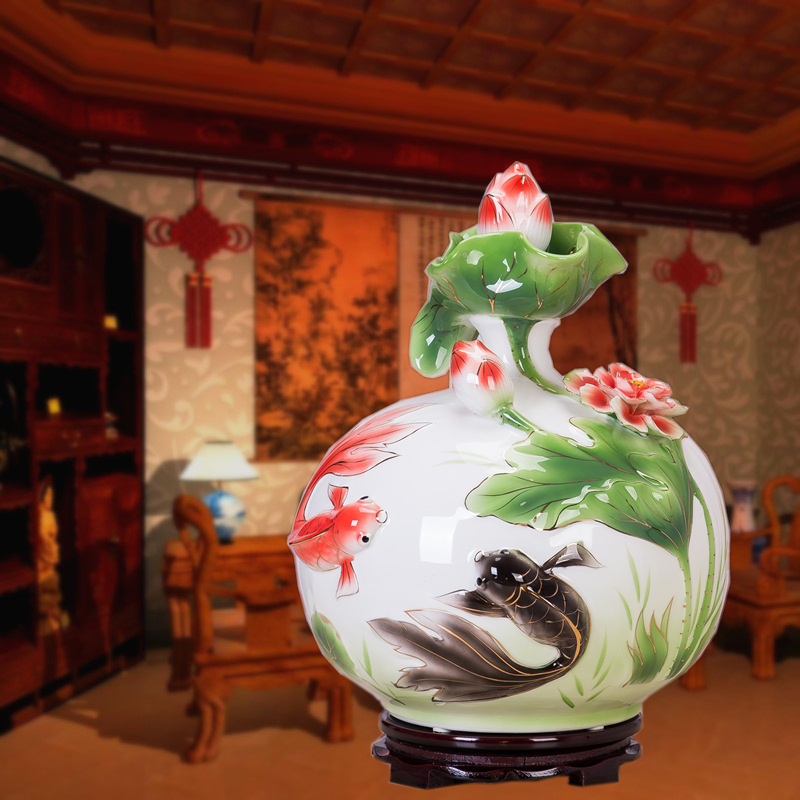 12斤陶瓷酒瓶  金鱼荷花珐琅彩手工花瓶陶瓷工艺品摆件 创意礼品