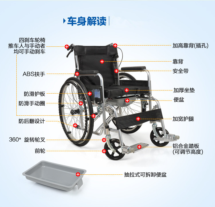 厂家直销普通软座座轮椅 四刹车 带坐便