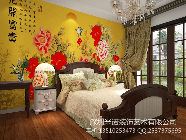 一件代发无缝中式壁画 电视沙发床头背景墙纸 花开富贵 牡丹花