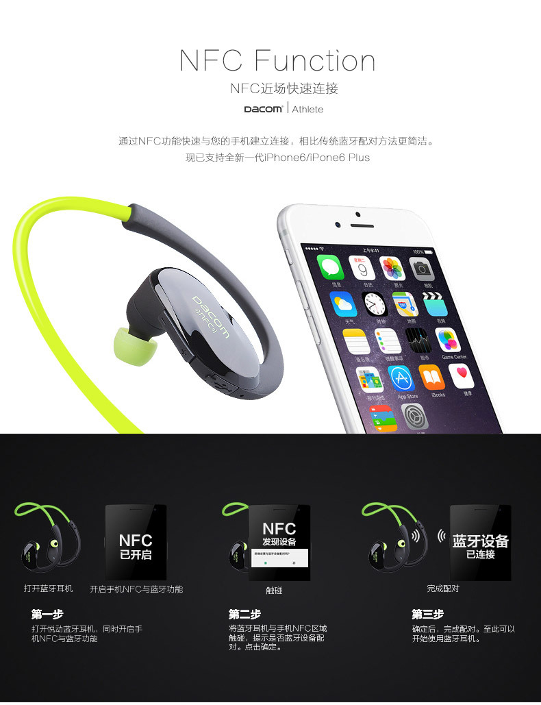 dacom蓝牙耳机说明书,蓝牙耳机触摸式说明书 dacom大康 nfc 挂耳式时尚运动蓝牙耳机4.1 厂家直销 一件代发