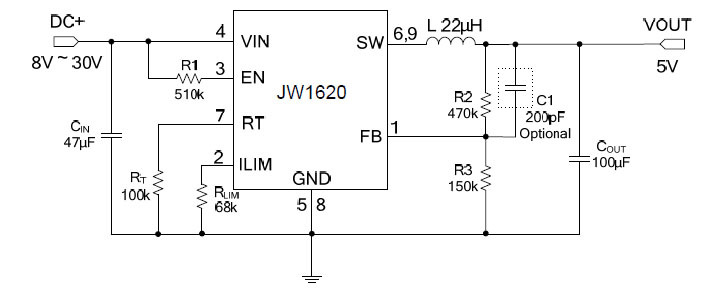 dc-dc模块JW1620典型电路应用图