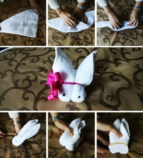 这里有几张酒店毛巾方巾折法,都是折成小动物的形状,是我自己微信中