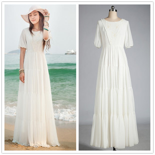 2015夏季新款高腰雪纺蕾丝百褶连衣裙波西米亚纯白色长裙