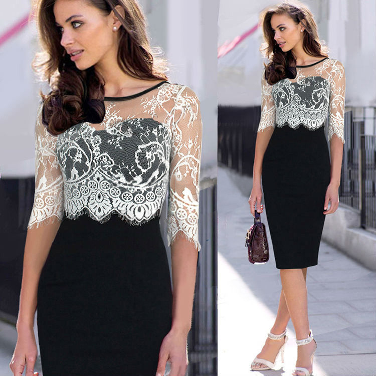 Ebay,速卖通2015,新款春夏欧美时尚蕾丝拼接中袖弹力铅笔连衣裙