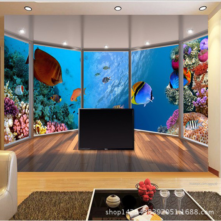 3d海底世界家装电视背景墙 落地窗唯美海洋水族馆 无缝壁画丝绢布