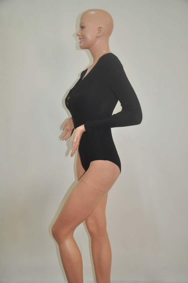 Womens Sexy Bandage Romper Deep V Cotton Long Sleeve Black One Piece