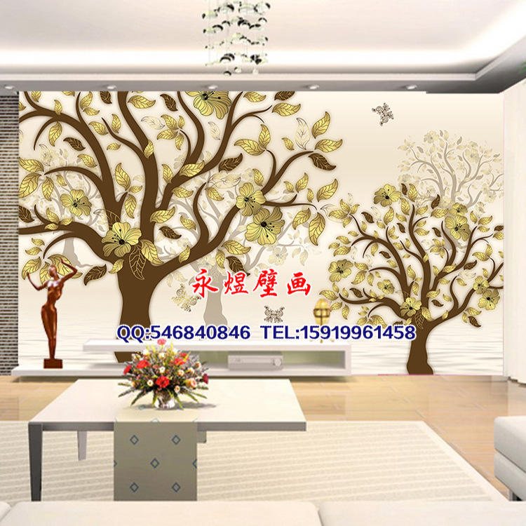 【3d无缝壁画】墙纸壁画定制 抽象发财树背景墙壁画 无缝壁画厂家