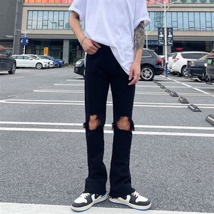 美式高街黑色破洞牛仔褲微喇褲腳毛邊直筒顯瘦顯高修身百搭褲子男