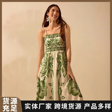 2025新款女士定位印花打攬吊帶連衣裙春夏款優雅度假風工廠供應