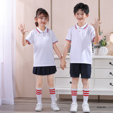砍柴娃夏季休閑紅領條白色男女同款中大童中性童裝棉校服POLO衫
